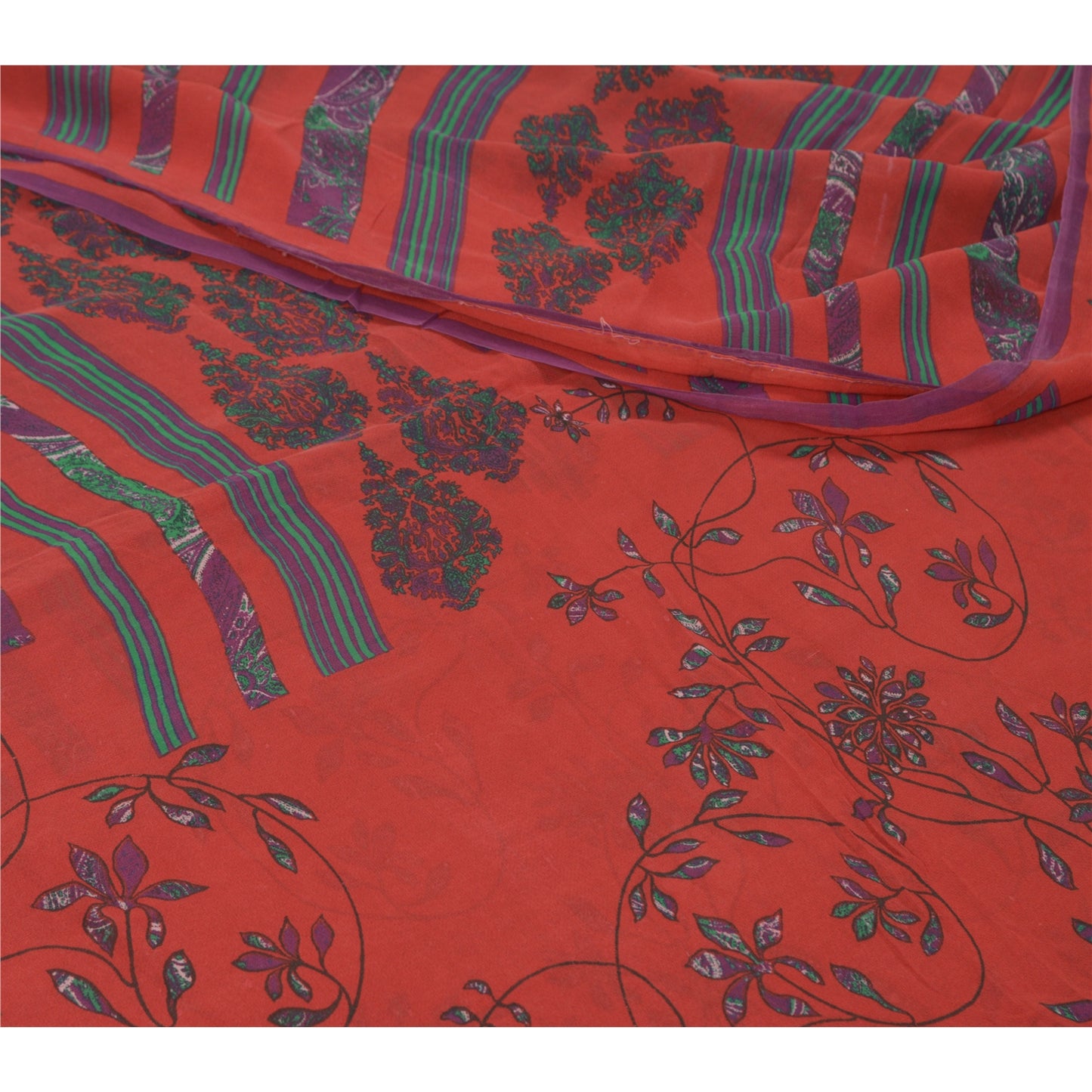 Sanskriti Vintage Sarees Red/Blue Pure Georgette Silk Printed Sari Craft Sustainable Fabric