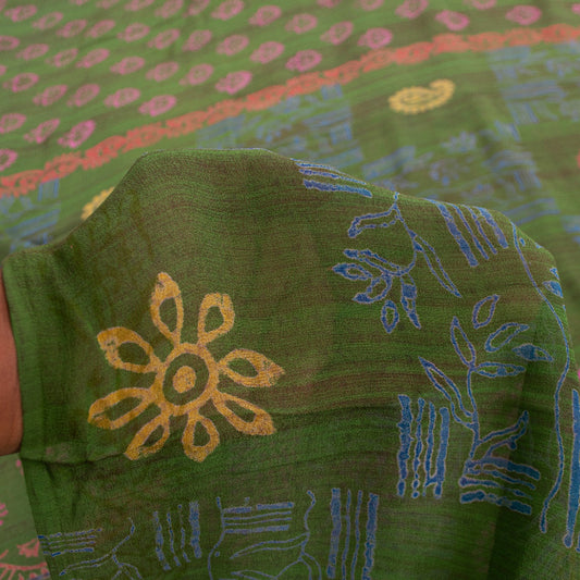 Sanskriti Vintage Sarees Green Pure Georgette Block Print Sari 5+YD Craft Fabric