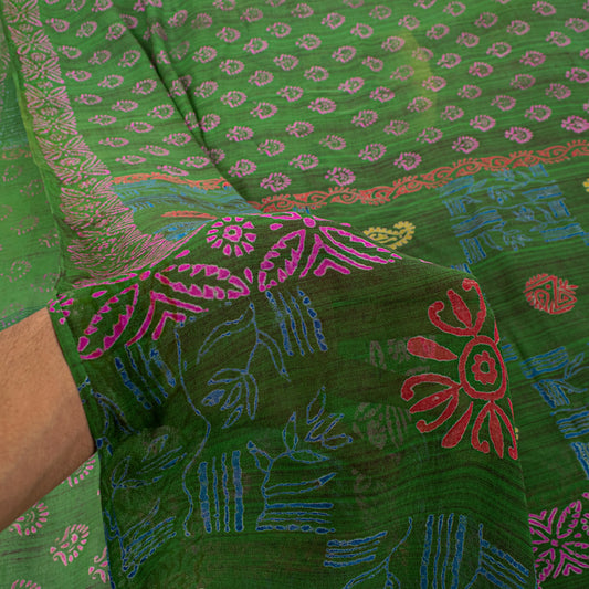 Sanskriti Vintage Green Pure Georgette Sarees Block Printed Flatbed Sari 5+YD