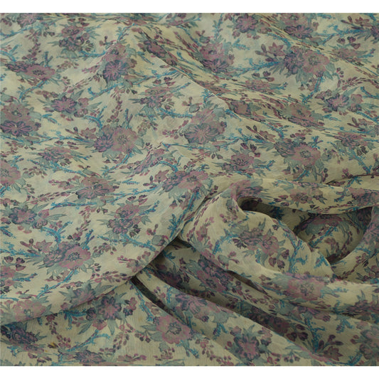 Sanskriti Vintage Sarees Ivory/Blue Pure Chiffon Silk Printed Sari Craft Sustainable Fabric