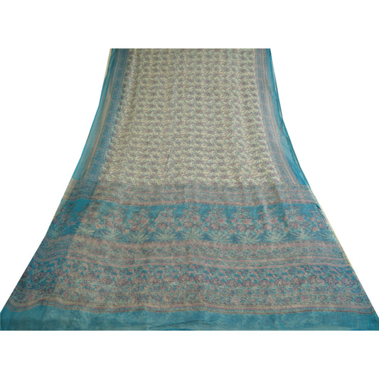 Sanskriti Vintage Sarees Ivory/Blue Pure Chiffon Silk Printed Sari Craft Sustainable Fabric