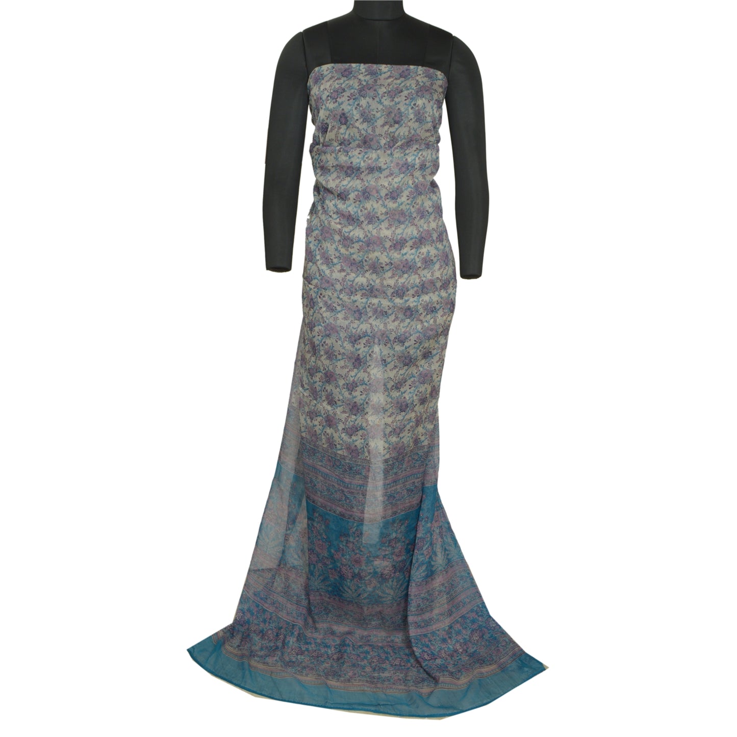 Sanskriti Vintage Sarees Ivory/Blue Pure Chiffon Silk Printed Sari Craft Sustainable Fabric