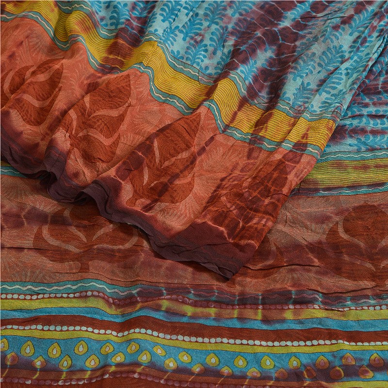 Sanskriti Vintage Sarees Blue Tie-Dye Pure Georgette Silk Sari 5yd Craft Sustainable Fabric