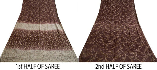Sanskriti Vintage Sarees Indian Brown Pure Chiffon Silk Print Sari Craft Sustainable Fabric