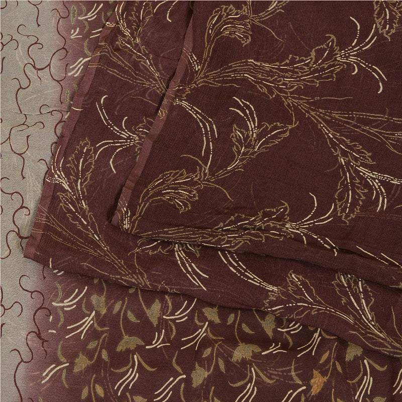 Sanskriti Vintage Sarees Indian Brown Pure Chiffon Silk Print Sari Craft Sustainable Fabric