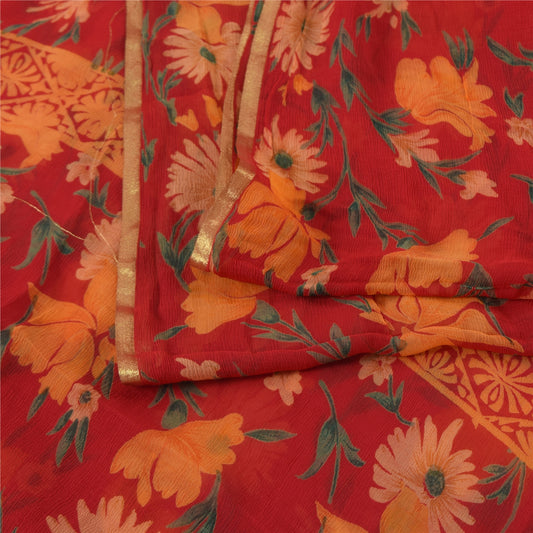 Sanskriti Vintage Sarees Indian Red Pure Chiffon Silk Printed Sari Craft Sustainable Fabric