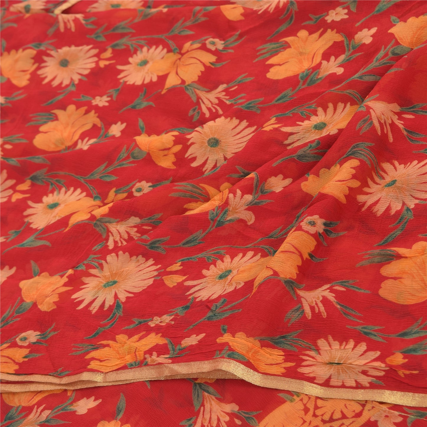 Sanskriti Vintage Sarees Indian Red Pure Chiffon Silk Printed Sari Craft Sustainable Fabric