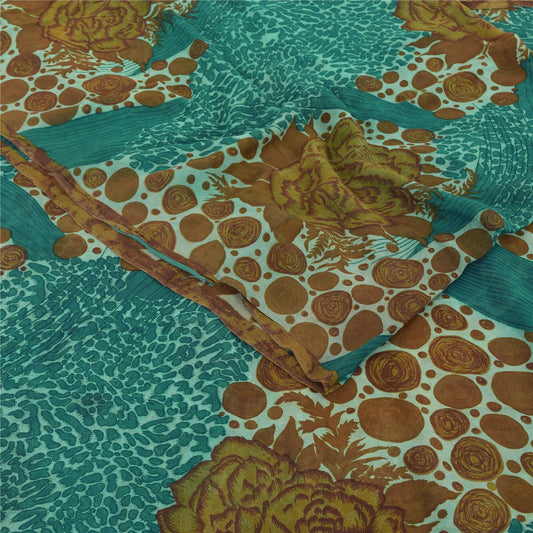 Sanskriti Vintage Sarees Blue/Brown Pure Georgette Silk Print Sari Craft Sustainable Fabric