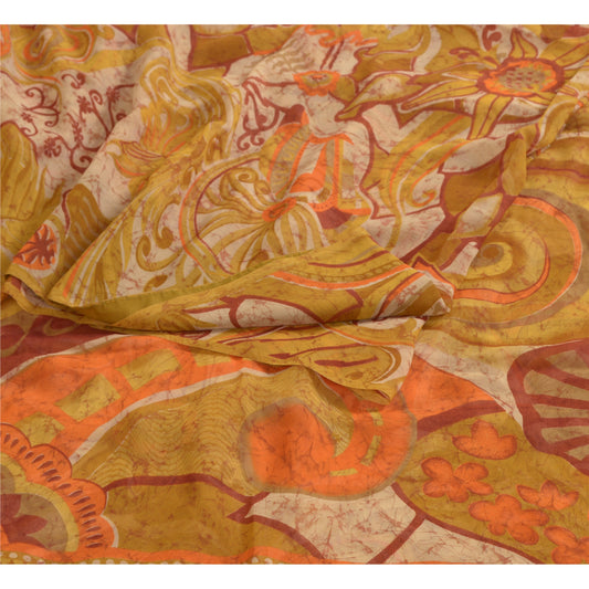 Sanskriti Vintage Sarees Indisk Heena-Grøn Georgette Trykt Sari Håndværk Bæredygtigt Stoff