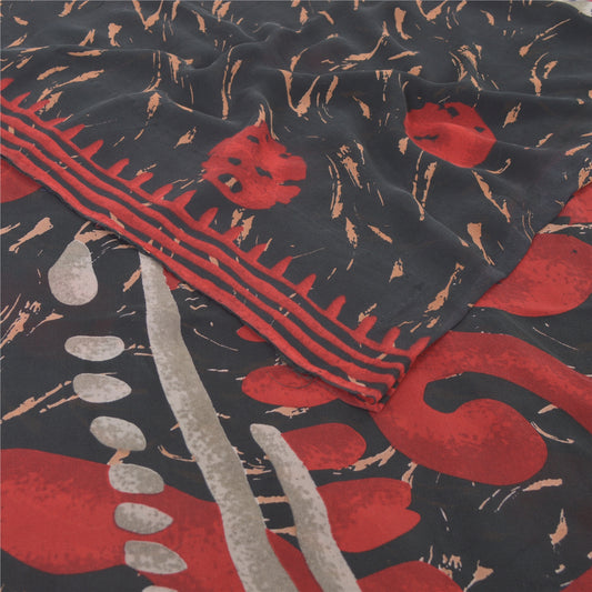 Sanskriti Vintage Sarees Black/Red Pure Georgette Silk Printed Sari Craft Sustainable Fabric