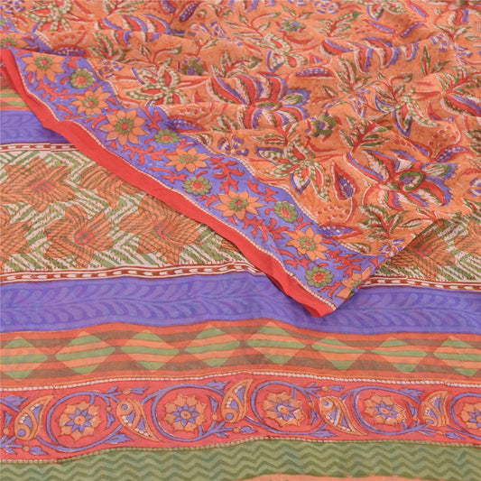 Sanskriti Vintage Sarees Peach 100% Pure Georgette Printed Sari 5yd Craft Sustainable Fabric