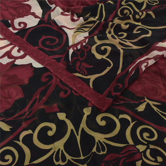 Sanskriti Vintage Sarees Red/Black Pure Georgette Silk Printed Sari 5yd Sustainable Fabric
