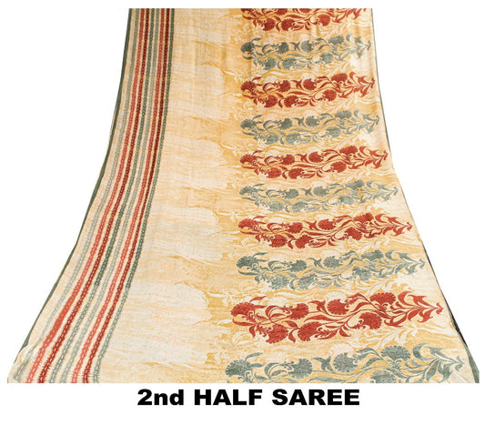 Sanskriti Vintage Sarees Beige Pure Georgette Silk Printed Sari 5yd Craft Sustainable Fabric