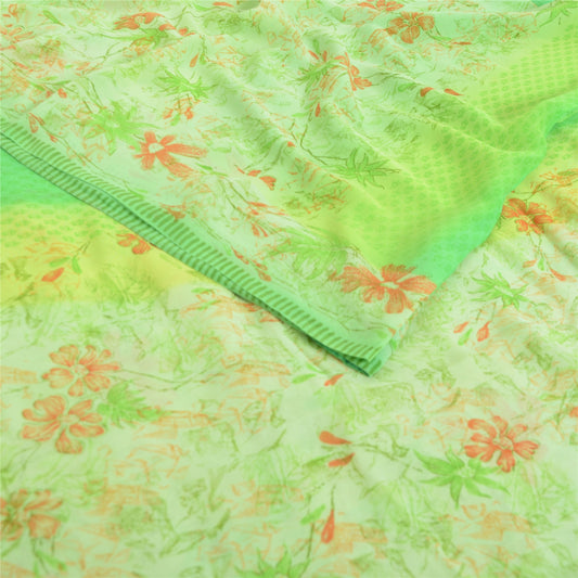 Sanskriti Vintage Sarees Green Pure Georgette Silk Printed Sari 5yd Craft Sustainable Fabric