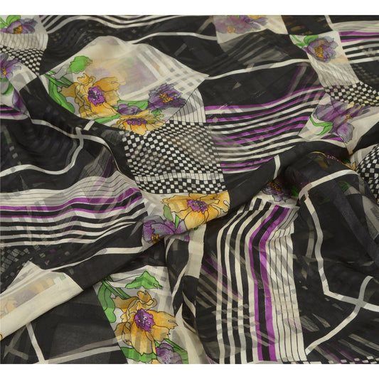 Sanskriti Vintage Sarees Black Pure Georgette Silk Printed Sari 5yd Craft Sustainable Fabric