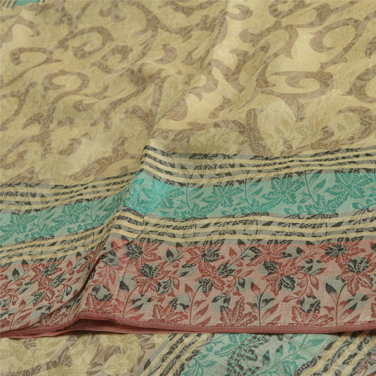 Sanskriti Vintage Sarees Cream Pure Georgette Silk Printed Sari 5yd Craft Sustainable Fabric