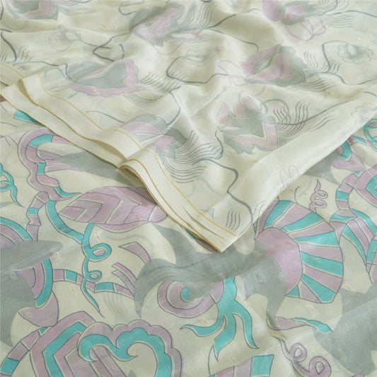 Sanskriti Vintage Sarees Ivory Pure Georgette Silk Printed Sari 6yd Craft Sustainable Fabric