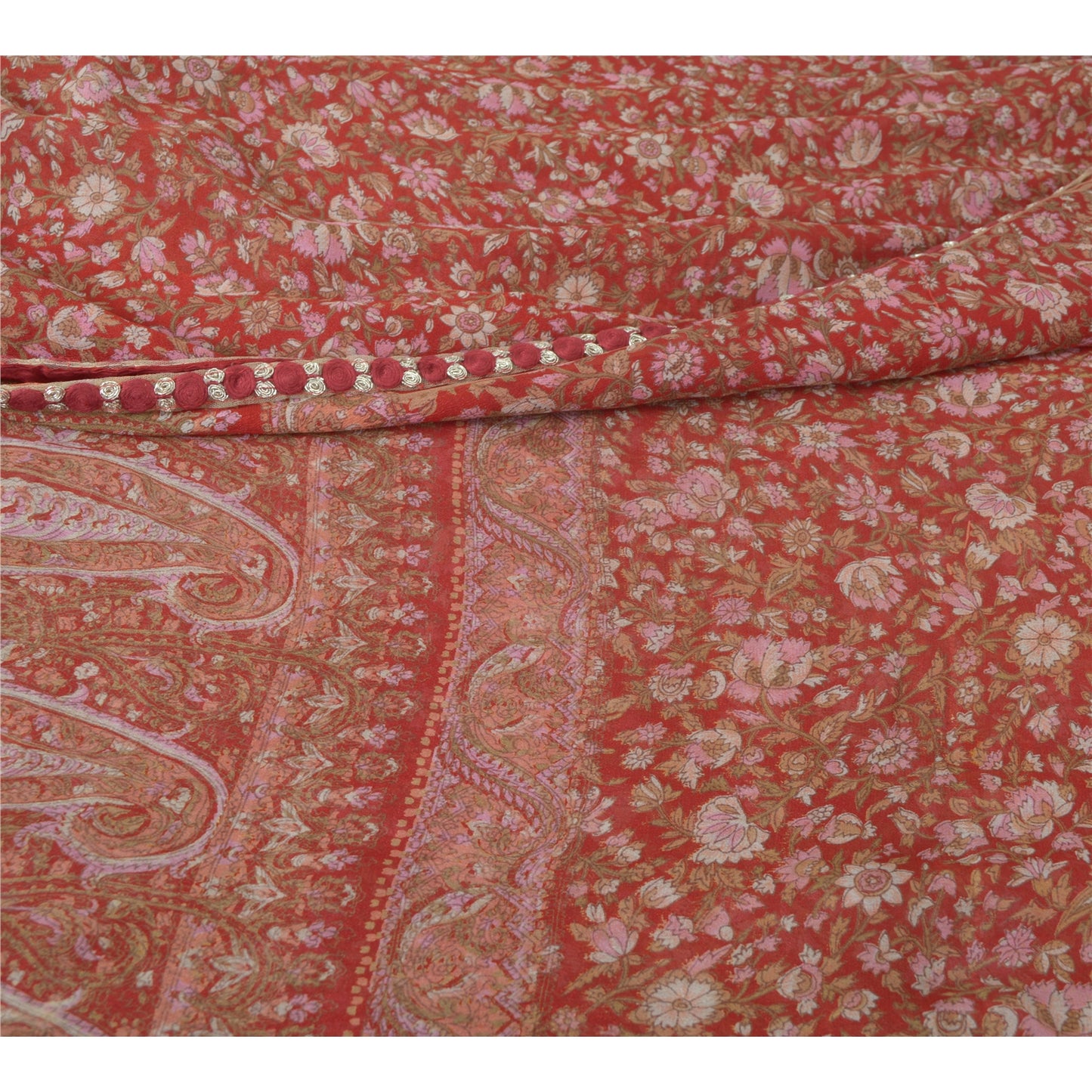 Sanskriti Vintage Sarees Red Pure Georgette Silk Printed Sari 5yd Craft Sustainable Fabric