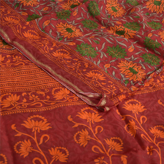 Sanskriti Vintage Sarees Dark-Red Pure Georgette Silk Printed Sari Craft Sustainable Fabric
