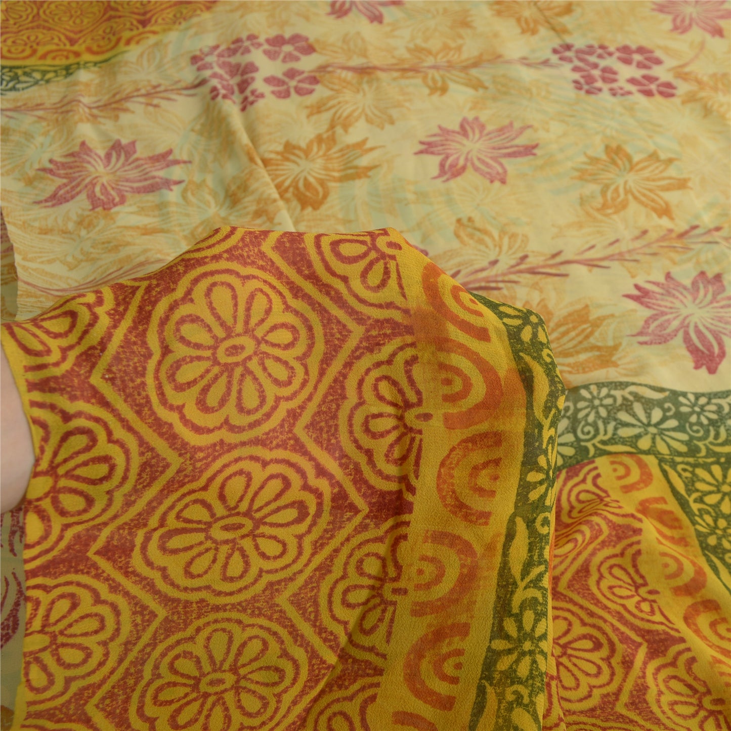 Sanskriti Vintage Sarees Pale-Yellow Pure Georgette Printed Sari Craft Sustainable Fabric