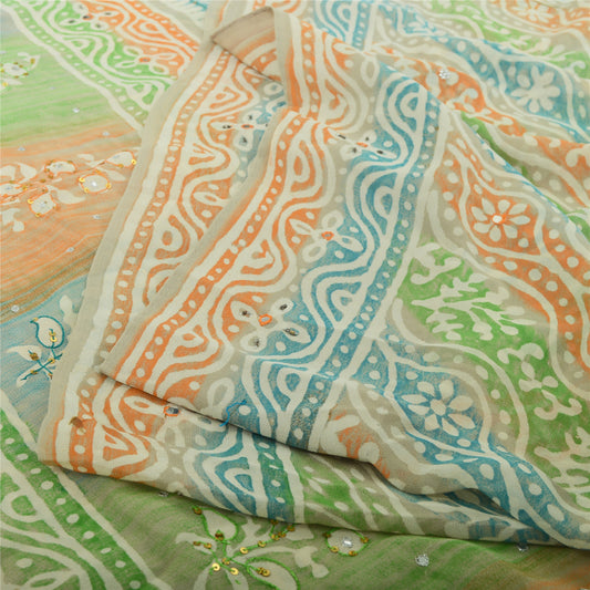 Sanskriti Vintage Sarees Multi Pure Georgette Print/Hand Beaded Sari Sustainable Fabric
