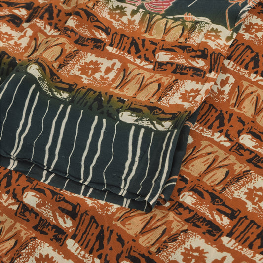 Sanskriti Vintage Sarees Dark Gray Pure Georgette Silk Printed Sari Craft Sustainable Fabric