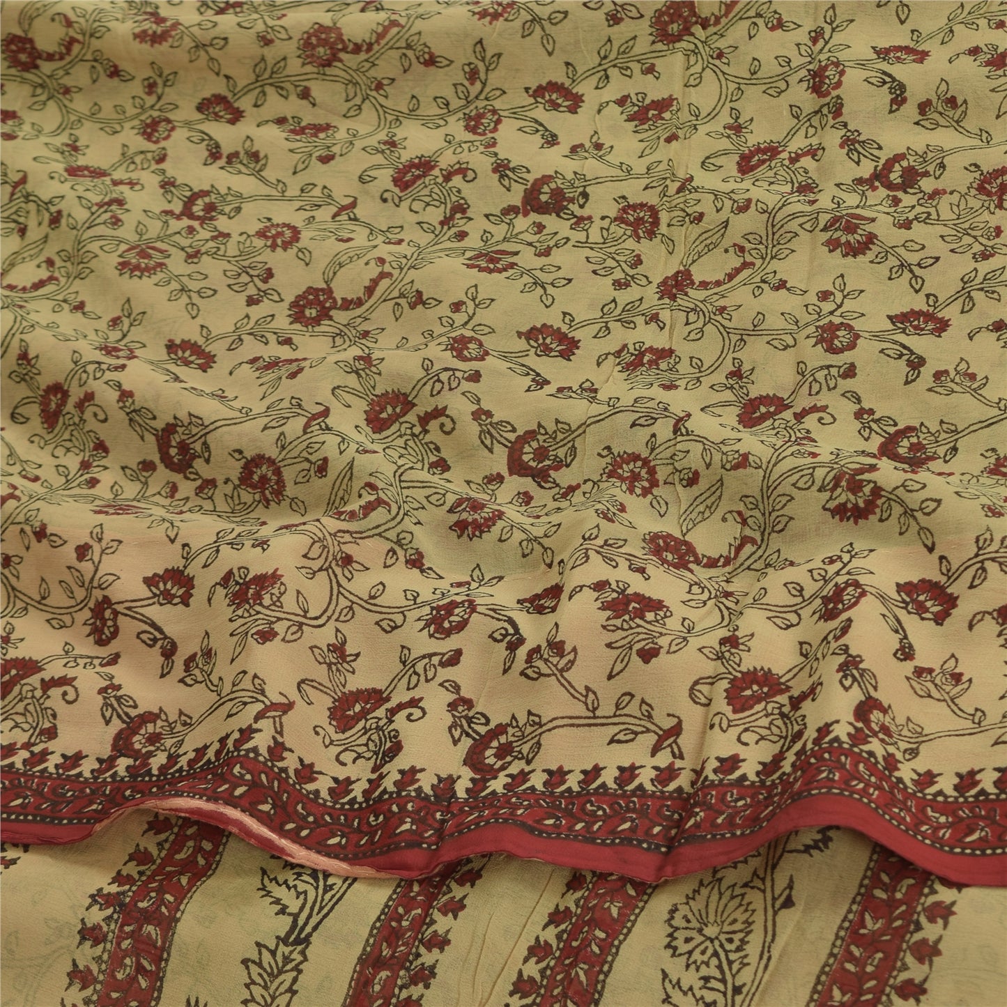 Sanskriti Vintage Sarees Beige 100%Pure Georgette Silk Printed Sari Craft Sustainable Fabric