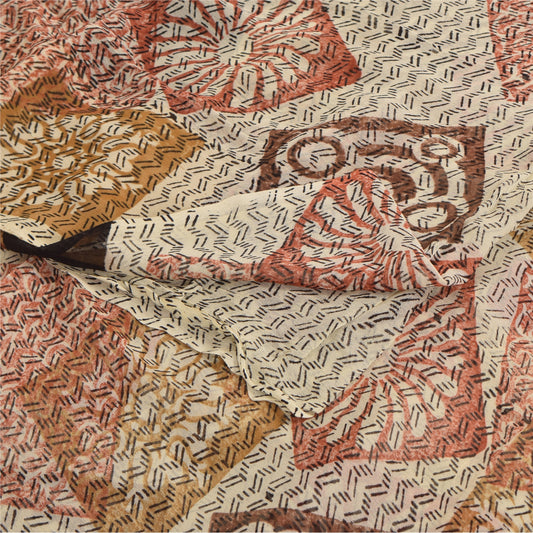 Sanskriti Vintage Sarees Ivory 100%Pure Georgette Silk Printed Sari Craft Sustainable Fabric