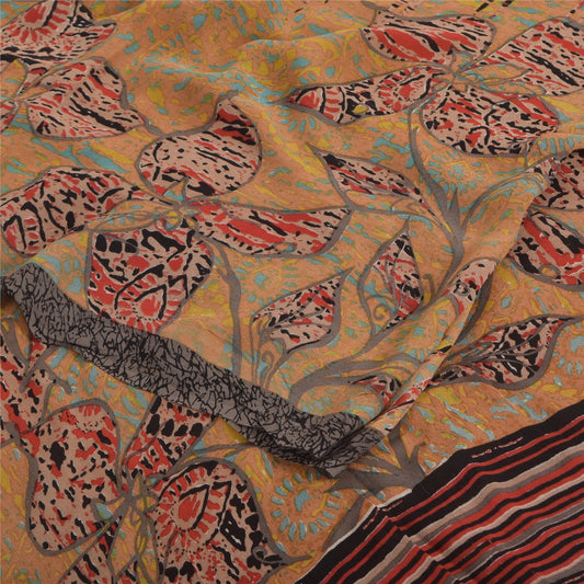 Sanskriti Vintage Sarees Brown Pure Georgette Silk Printed Sari 5yd Craft Sustainable Fabric