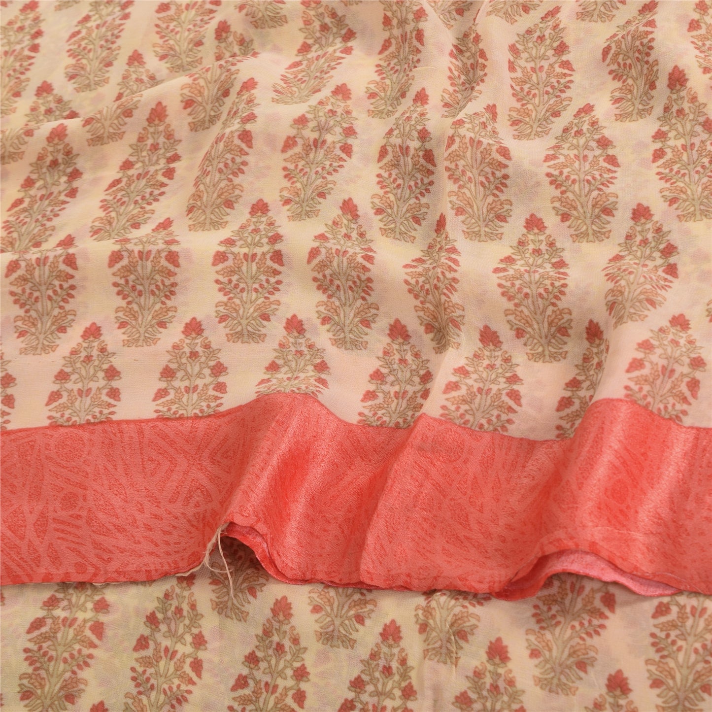 Sanskriti Vintage Sarees Peach Pure Georgette Silk Block Printed Sari 5yd Sustainable Fabric