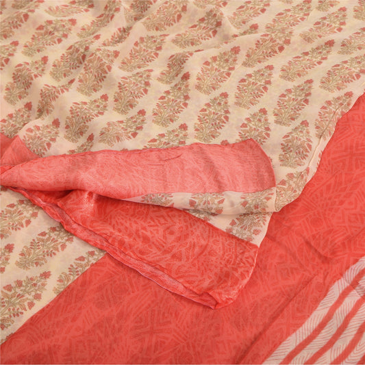 Sanskriti Vintage Sarees Peach Pure Georgette Silk Block Printed Sari 5yd Sustainable Fabric