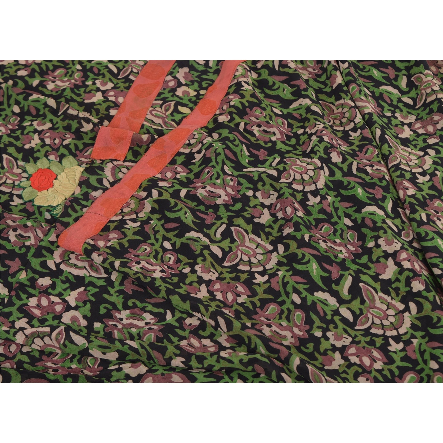 Sanskriti Vintage Sarees Black Pure Georgette Silk Printed Sari 5yd Craft Sustainable Fabric