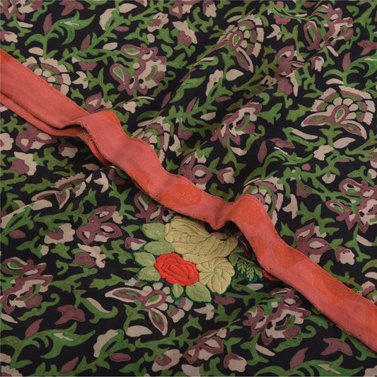 Sanskriti Vintage Sarees Sorte Ren Georgette Silke Trykt Sari 5yd Håndværk Bæredygtigt Stoff