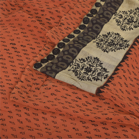 Sanskriti Vintage Sarees Orange Pure Georgette Silk Embroidery Print Sari Sustainable Fabric