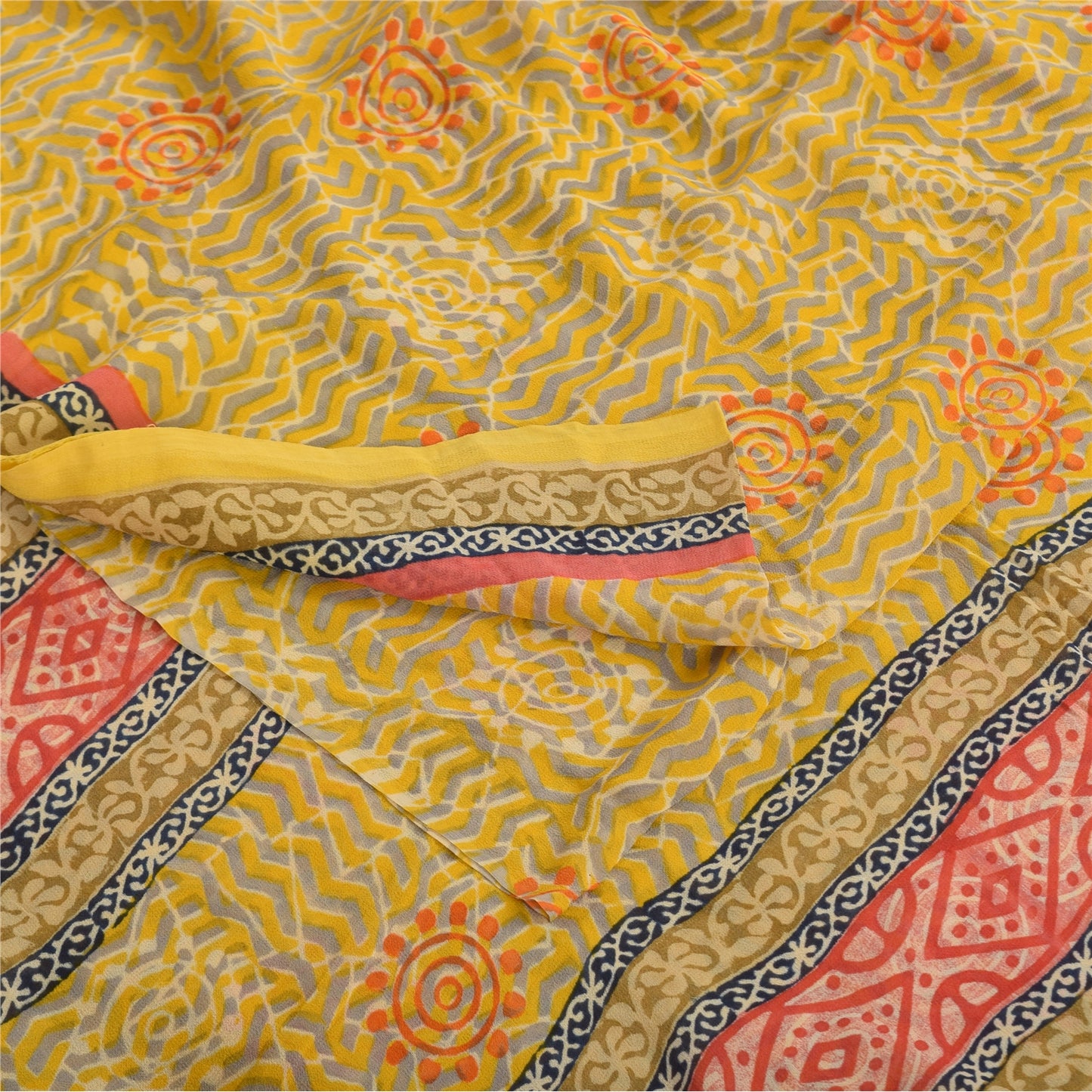 Sanskriti Vintage Sarees Yellow Pure Georgette Silk Print Sari 5yd Craft Sustainable Fabric