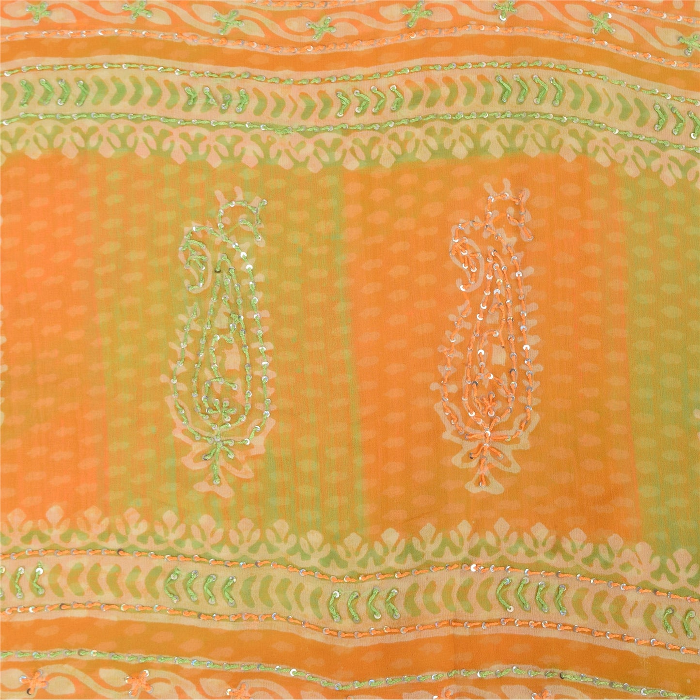Sanskriti Vintage Sarees Green/Orange EmbroideryPure Georgette Print Sari Sustainable Fabric