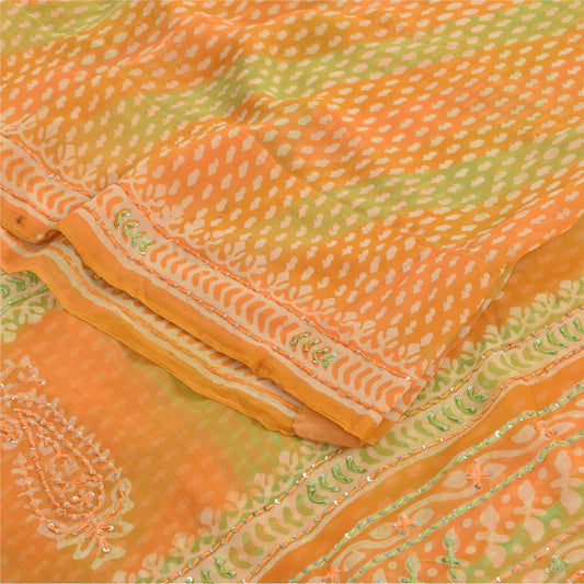 Sanskriti Vintage Sarees Green/Orange EmbroideryPure Georgette Print Sari Sustainable Fabric