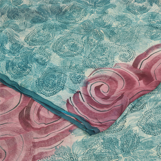 Sanskriti Vintage Sarees Sea-Blue Pure Georgette Silk Printed Sari Craft Sustainable Fabric