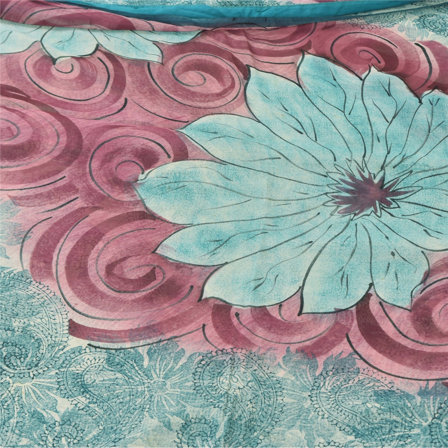 Sanskriti Vintage Sarees Sea-Blue Pure Georgette Silk Printed Sari Craft Sustainable Fabric