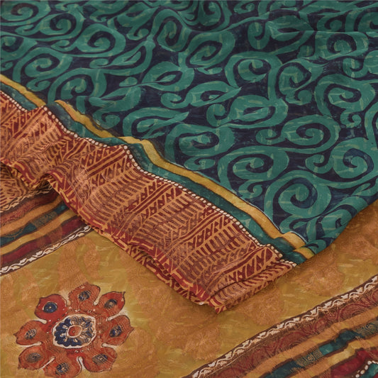 Sanskriti Vintage Sarees Green/Orange Pure Georgette Silk Print Sari 5yd Sustainable Fabric