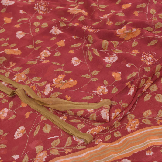 Sanskriti Vintage Sarees Dark Red Pure Georgette Silk Printed Sari Craft Sustainable Fabric