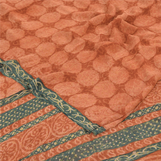 Sanskriti Vintage Sarees Orange Pure Georgette Silk Print Sari 5yd Craft Sustainable Fabric