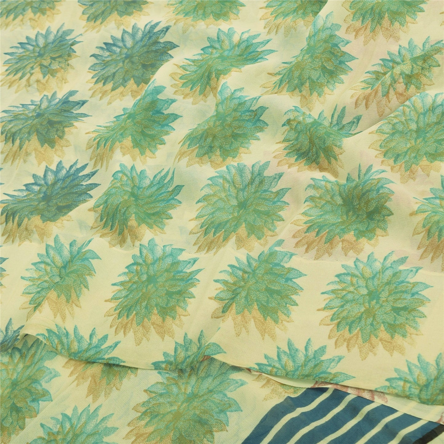 Sanskriti Vintage Sarees Cream Pure Georgette Silk Printed Sari 5yd Craft Sustainable Fabric