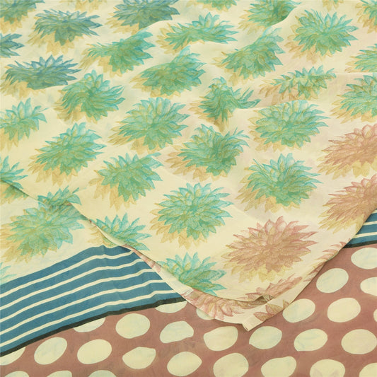 Sanskriti Vintage Sarees Cream Pure Georgette Silk Printed Sari 5yd Craft Sustainable Fabric