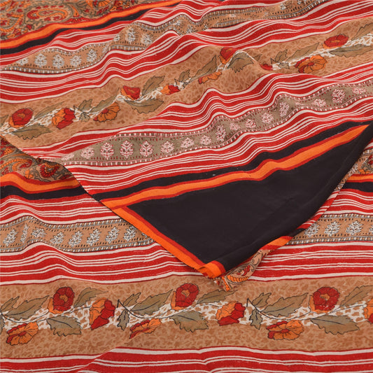 Sanskriti Vintage Sarees Black/Red Pure Georgette Silk Printed Sari Craft Sustainable Fabric