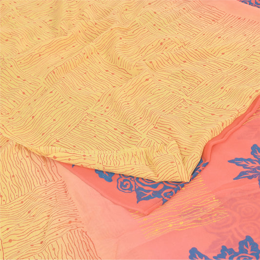 Sanskriti Vintage Sarees Yellow/Pink Pure Georgette Silk Printed Sari 5yd Sustainable Fabric