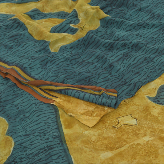 Sanskriti Vintage Sarees Blue/Green Pure Georgette Silk Printed Sari 5yd Sustainable Fabric