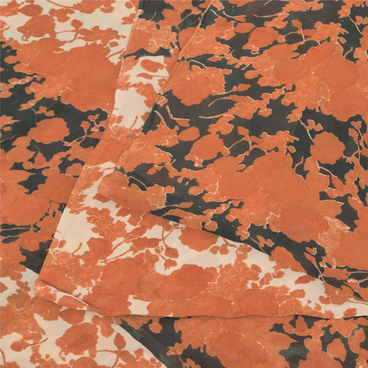 Sanskriti Vintage Sarees Orange Pure Georgette Silk Print Sari 5yd Craft Sustainable Fabric