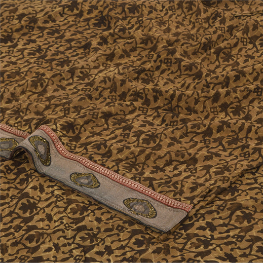 Sanskriti Vintage Sarees Brown Pure Georgette Silk Printed Sari 5yd Craft Sustainable Fabric