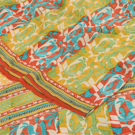 Sanskriti Vintage Sarees Yellow Pure Georgette Silk Print Sari 5yd Craft Sustainable Fabric